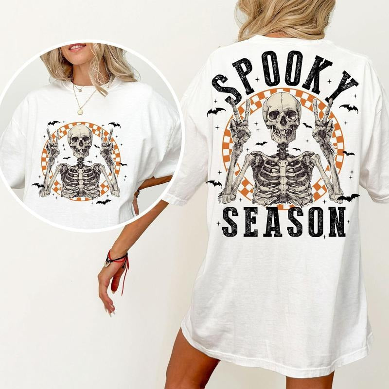 Retro Halloween Spooky Season 2 Sides Shirt Halloween Skeleton Shirt Fall Shirt Spooky Season T-Shirts, Hoodie, Sweatshirt - T-Shirt, Sweatshirt, Hoodie