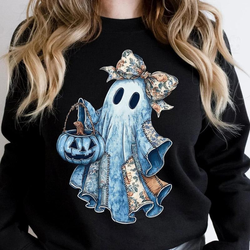 Retro Patchwork Ghost Halloween Cute Coquette Boo Spooky Season Fall Pumpkin T-Shirts, Hoodie, Sweatshirt - T-Shirt, Sweatshirt, Hoodie
