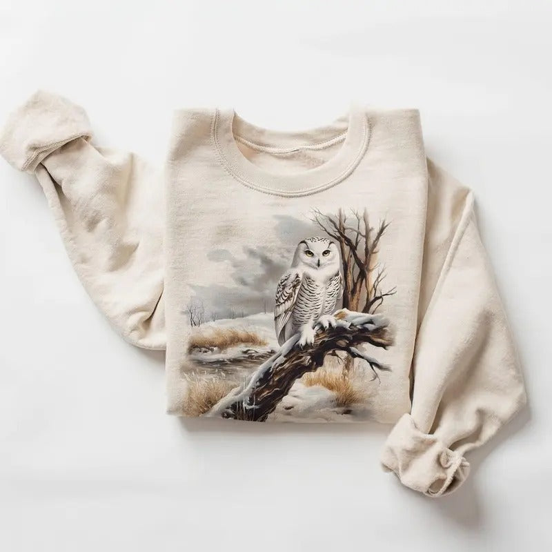 Retro Snowy Owl Winter Scene Nineties 90s Vintage Owl Perched Tree Birds Prey Boho Cotton Menswear T-Shirts, Hoodie, Sweatshirt - T-Shirt, Sweatshirt, Hoodie