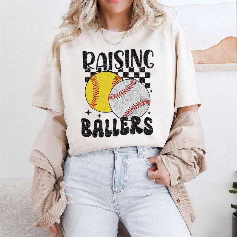 Retro Softball Baseball Baseball Sports Raising Ballers Baseball Mom Cotton Fit T-Shirts, Hoodie, Sweatshirt - T-Shirt, Sweatshirt, Hoodie