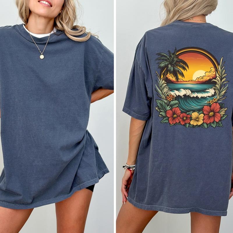 Retro Sunset Beach Comfort Colors Shirt Traditional Floral Beach Summer Beach Lover Vacation Shirt T-Shirts, Hoodie, Sweatshirt - T-Shirt, Sweatshirt, Hoodie