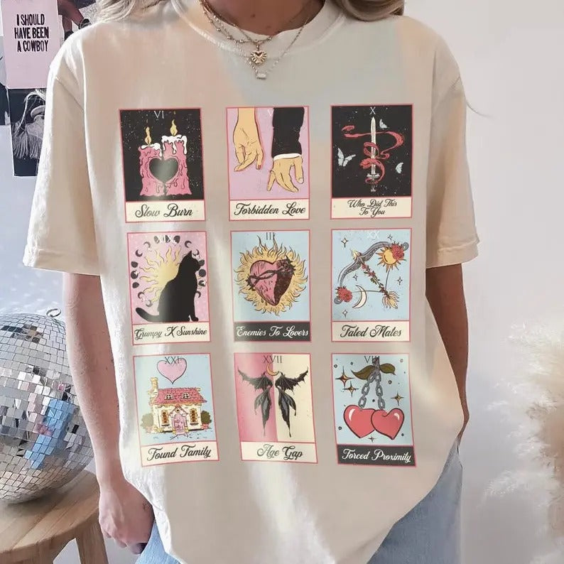 Romance Tropes Tarot Card Shirt Romance Reader Slow Burn Enemies Lovers Morally Grey Villain Dark Romance Booklover Cotton T-Shirts, Hoodie, Sweatshirt - T-Shirt, Sweatshirt, Hoodie