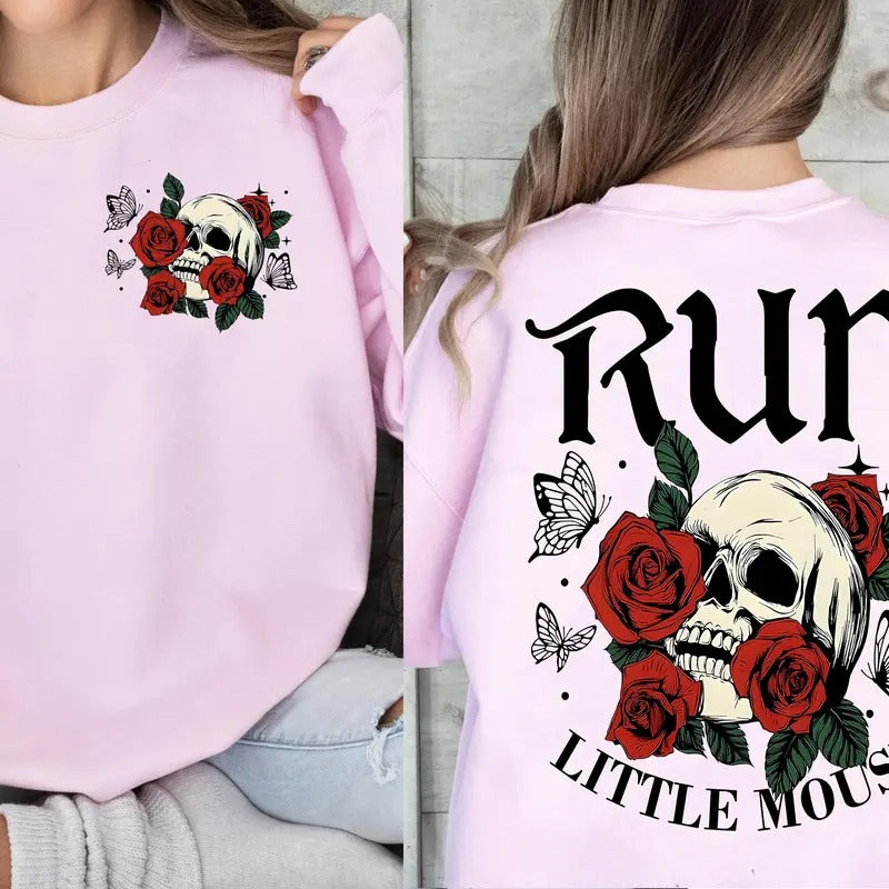 Run Little Mouse Skeleton Skeleton Hold Roses Smut Reader Book Lover Love Roses Dark Romance Haunting Adeline Zade Meadows Soft Long Sleeves Fabric T-Shirts, Hoodie, Sweatshirt - T-Shirt, Sweatshirt, Hoodie