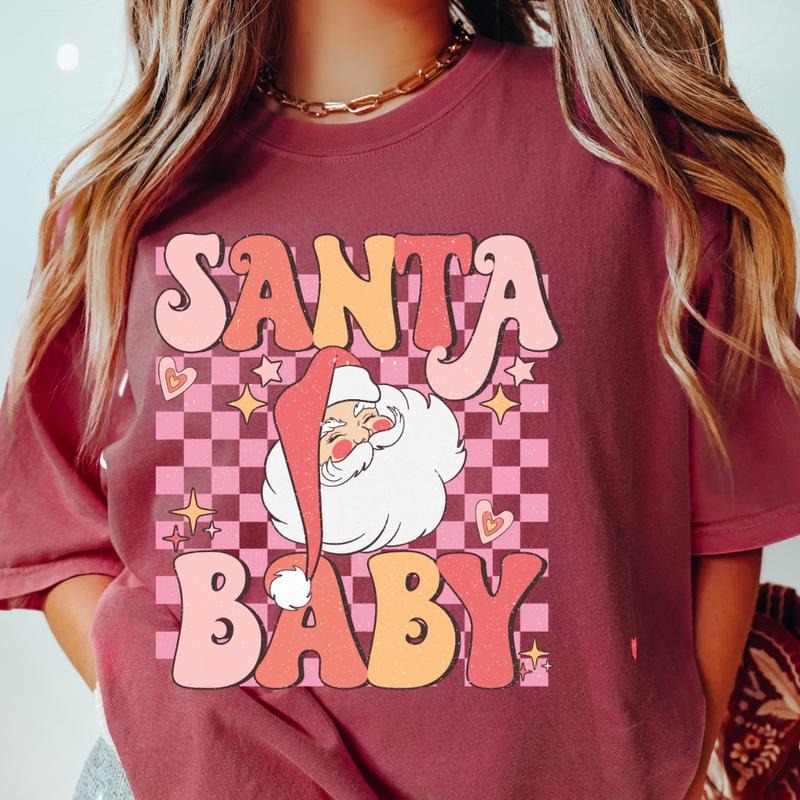 SANTA BABY CHECKERED SHIRT (COMFORT COLORS T SHRIT CAUSAL SHIRT ) Cotton Fabric Printed Top Womenswear T-Shirts, Hoodie, Sweatshirt - T-Shirt, Sweatshirt, Hoodie