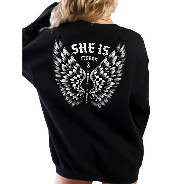 "SHE IS FIERCE UNSTOPPABLE Shirt Angel Wings Sizes Up 5XL Casual " Long Sleeves Oversize T-Shirts, Hoodie, Sweatshirt - T-Shirt, Sweatshirt, Hoodie