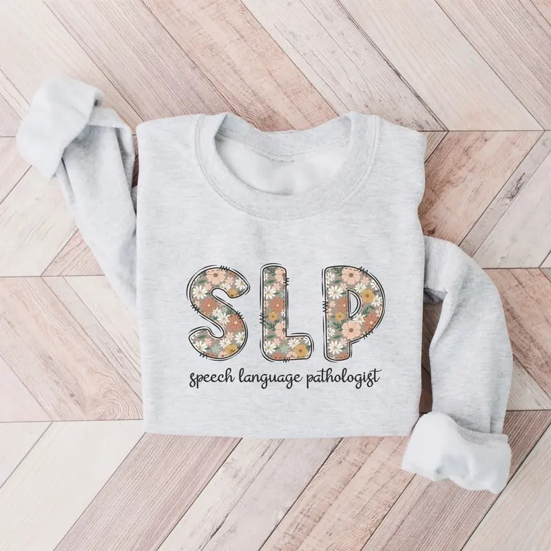 SLP Floral Speech Language Pathologist SLP Future Speech Therapist Graduation Casual Classic Collar Cotton Fabric Knit Menswear Fitted T-Shirts, Hoodie, Sweatshirt - T-Shirt, Sweatshirt, Hoodie