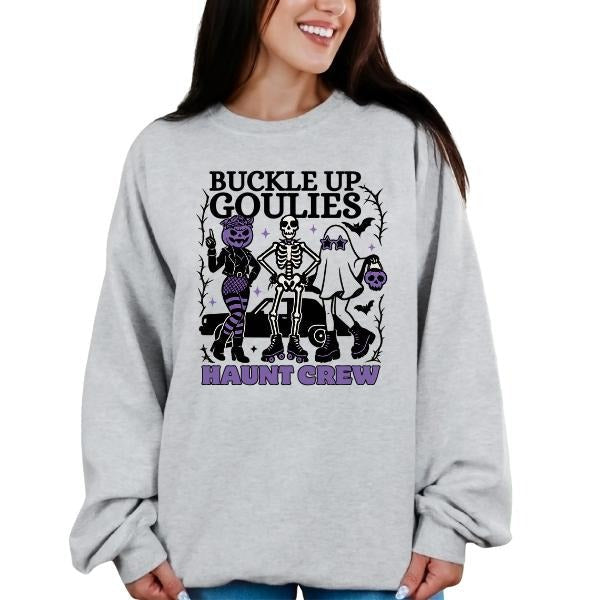 Buckle Up Goulies Haunt Crew Long Sleeve Gray Ghost Skeleton Spooky Season T-Shirts, Hoodie, Sweatshirt - T-Shirt, Sweatshirt, Hoodie