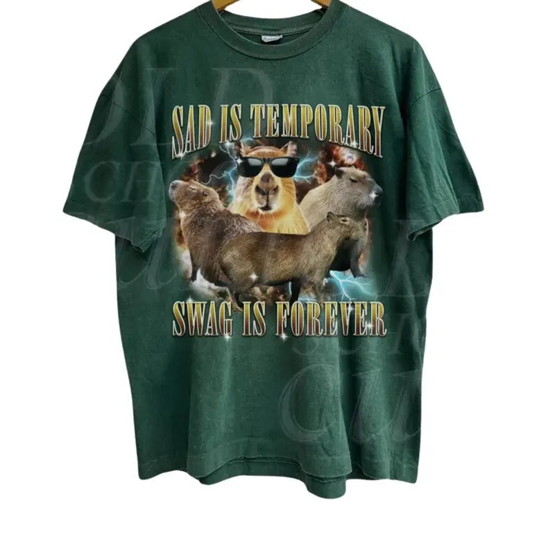 Sad Is Temporary Swag Is Forever Vintage 90s Retro 90s Capybara Funny Y2k Washed Funny Silly Party Menswear Top Underwear Streetwear T-Shirts, Hoodie, Sweatshirt - T-Shirt, Sweatshirt, Hoodie