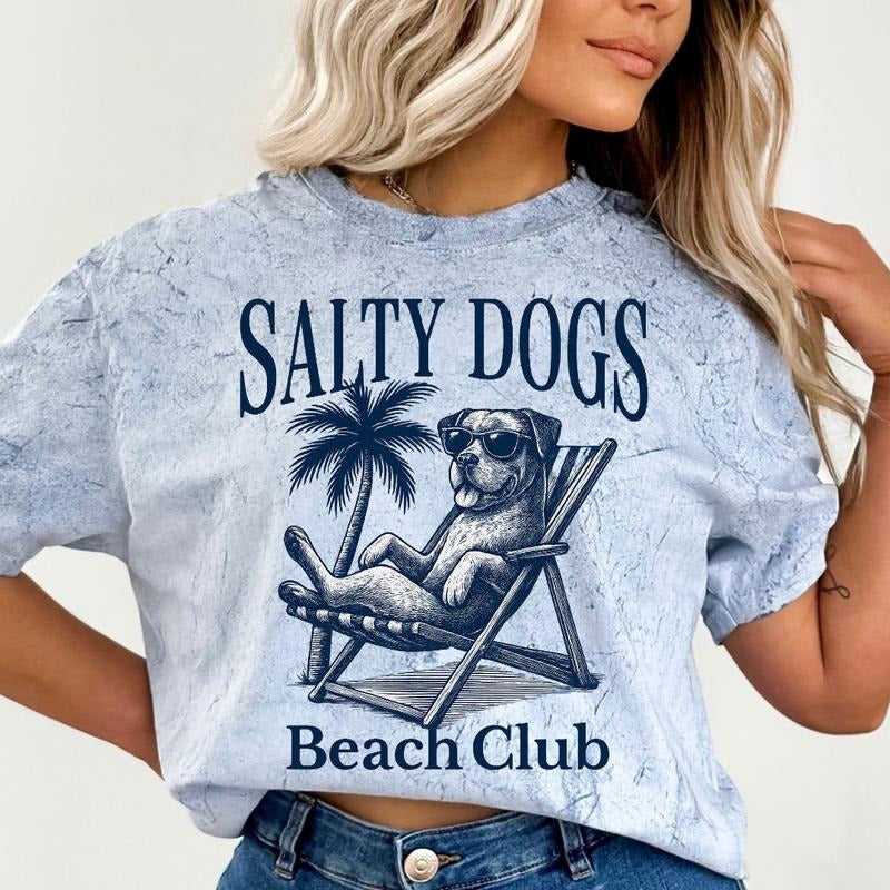 Salty Dogs Beach Club Boxer Shirt ~ Relaxed Fit Printed USA Womenswear Casual Comfort Cotton Top Athletic Boho Chic T-Shirts, Hoodie, Sweatshirt - T-Shirt, Sweatshirt, Hoodie