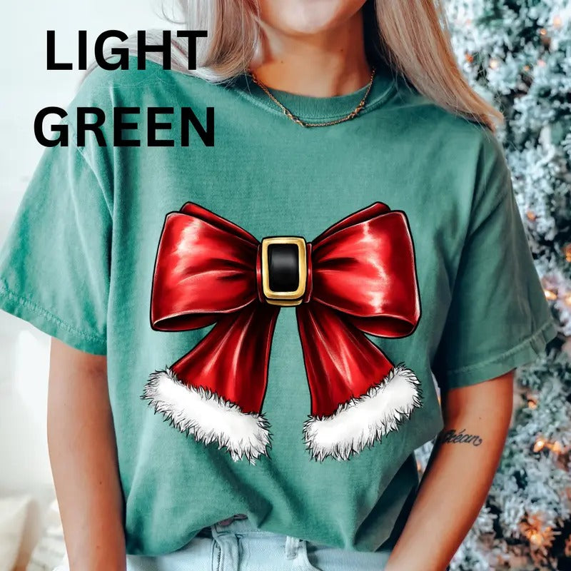 Santa Bow Shirt Bow Shirt Santa Shirt (COMFORT COLORS CASUAL SHIRT SHIRT) Cotton Fabric Womenswear Top Printed T-Shirts, Hoodie, Sweatshirt - T-Shirt, Sweatshirt, Hoodie