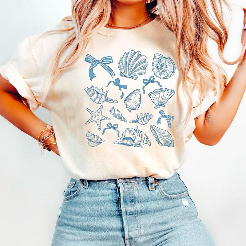 SeaShell Retro Summer Shirt Beach Coquette Bow Shirt Coquette SeaShell Shirt Ocean Coquette Girly Beach T-Shirts, Hoodie, Sweatshirt - T-Shirt, Sweatshirt, Hoodie