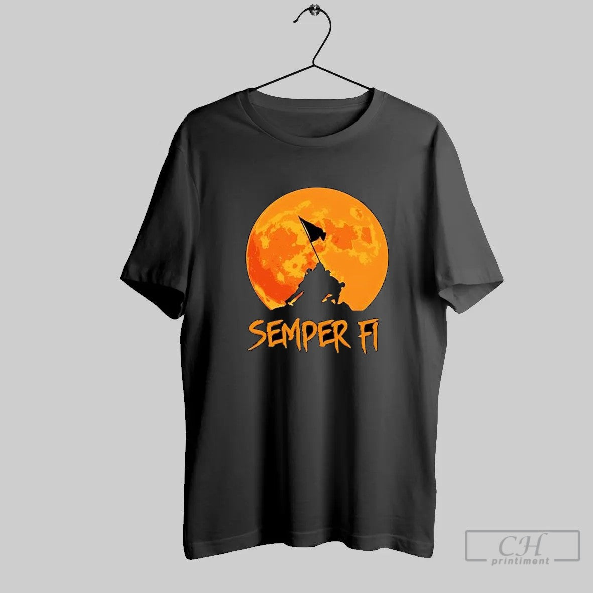 Semper Fi Flag On A Hill And Full Moon Graphic T Shirt Unisex T-shirt, Sweatshirt, Hoodie, Long Sleeve Tee - T-Shirt, Sweatshirt, Hoodie