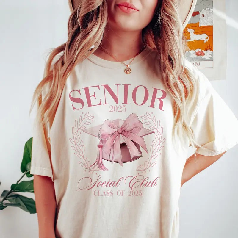 Senior 2025 Coquette Pink Bow Class 2025 Graduation High School University Graduation Cotton T-Shirts, Hoodie, Sweatshirt - T-Shirt, Sweatshirt, Hoodie
