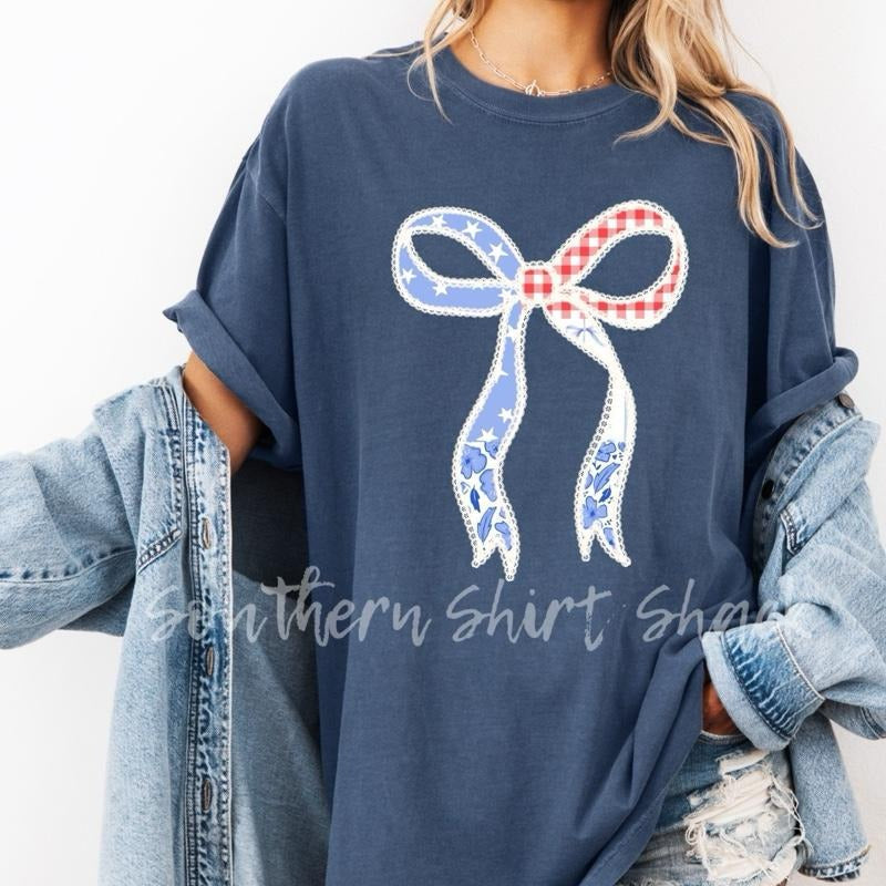 Shabby Chic Patriotic Bow Denim Comfort Colors 4th July T-Shirts, Hoodie, Sweatshirt - T-Shirt, Sweatshirt, Hoodie