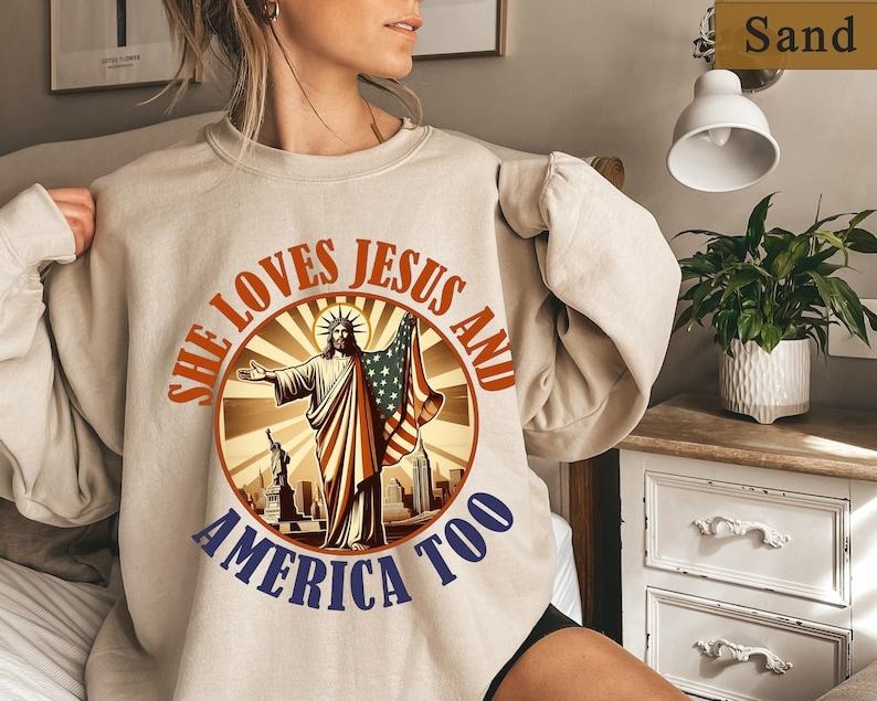 She Loves Jesus America Too Fourth July Shirt Patriotic Christian Shirt Independence Day Election Conservative Shirt T-Shirts, Hoodie, Sweatshirt - T-Shirt, Sweatshirt, Hoodie