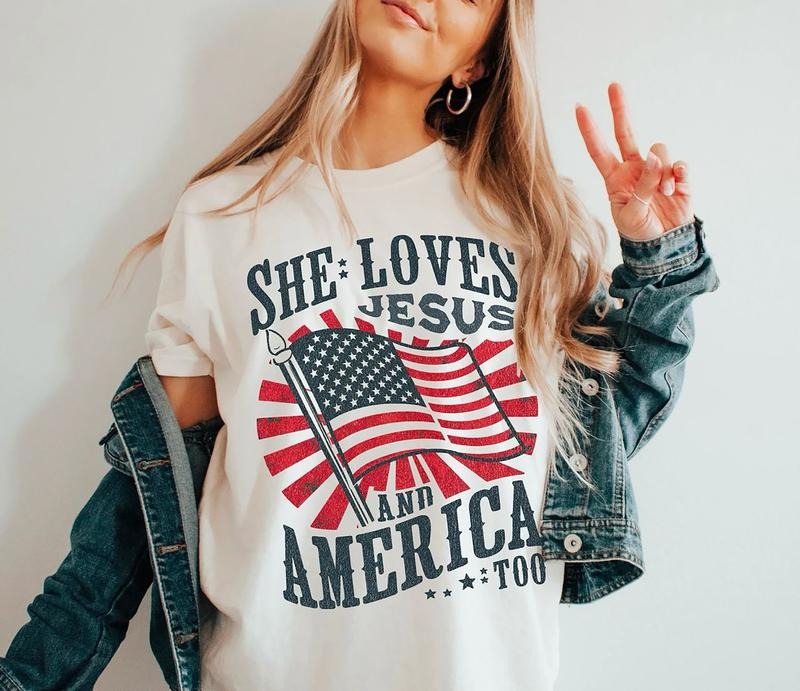 She Loves Jesus America Too Shirt America Retro Fourth July USA Flag Independence Day Shirt Christian Shirt 4th July Shirt T-Shirts, Hoodie, Sweatshirt - T-Shirt, Sweatshirt, Hoodie