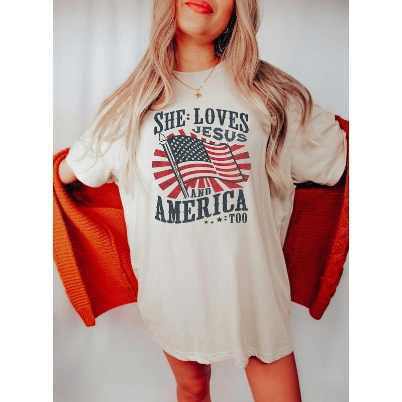 She Loves Jesus America Too Cute Patriotic Shirt 4th July Shirt Cute Fourth July T-Shirts, Hoodie, Sweatshirt - T-Shirt, Sweatshirt, Hoodie