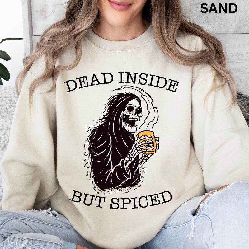 Skeleton Halloween Halloween Dead Inside But Spiced Halloween Cotton Spooky Season T-Shirts, Hoodie, Sweatshirt - T-Shirt, Sweatshirt, Hoodie