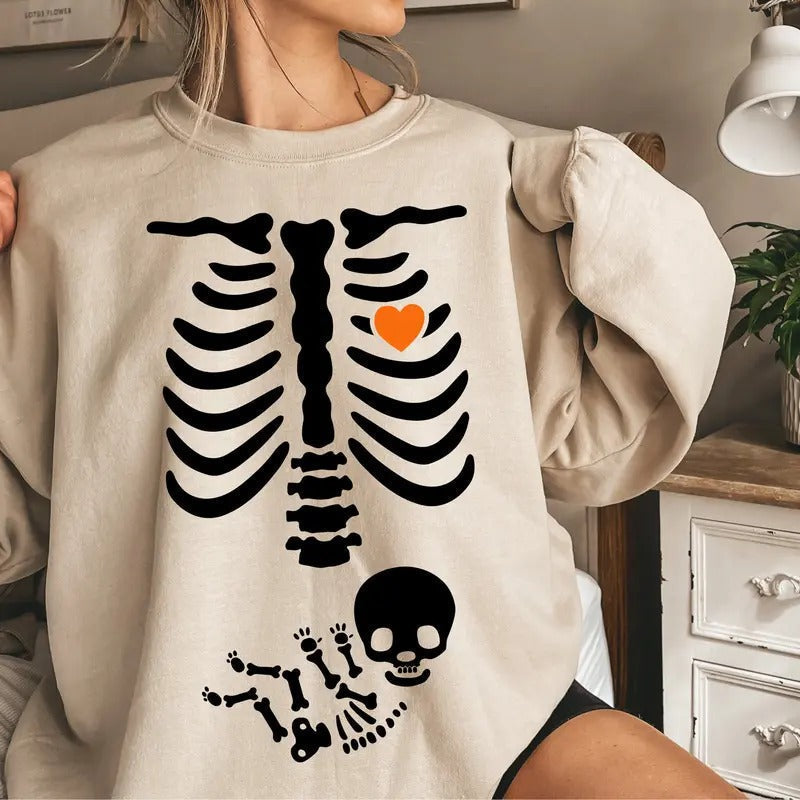 Skeleton Halloween Maternity Funny Pregnancy Announcement Sweat 2024 Pregnant Costume Fall New Mom Mommy Be T-Shirts, Hoodie, Sweatshirt - T-Shirt, Sweatshirt, Hoodie