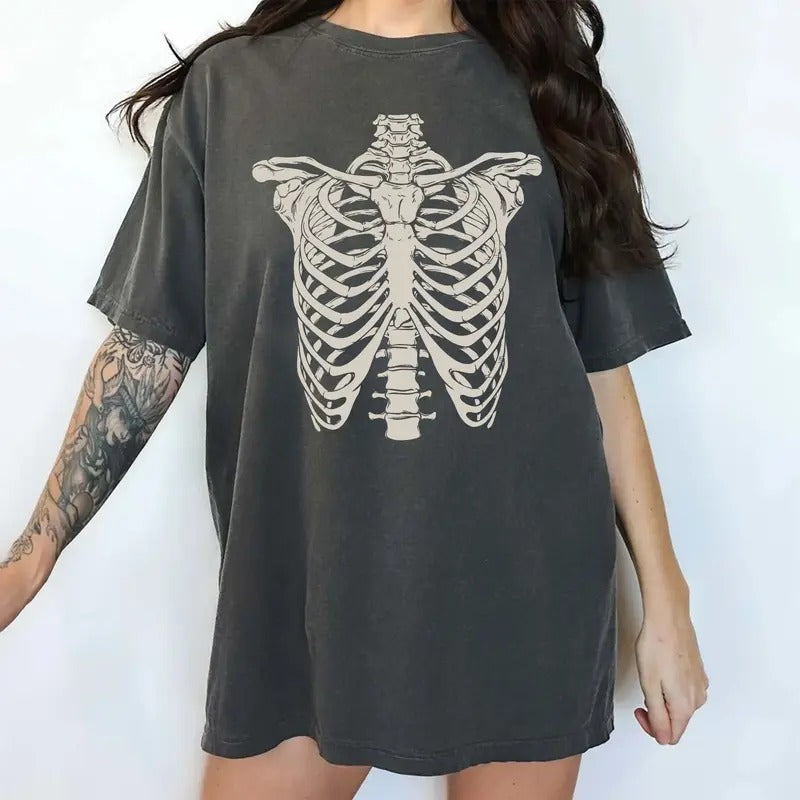 Skeleton Rib Shirt Vintage 90s Rib Cage Retro Skeleton Y2k Skull Halloween Spooky Shirt Halloween Party Outfits Skeleton Rib Casual Tops Womenswear Comfort Cotton Relaxed Fit Chic T-Shirts, Hoodie, Sweatshirt - T-Shirt, Sweatshirt, Hoodie