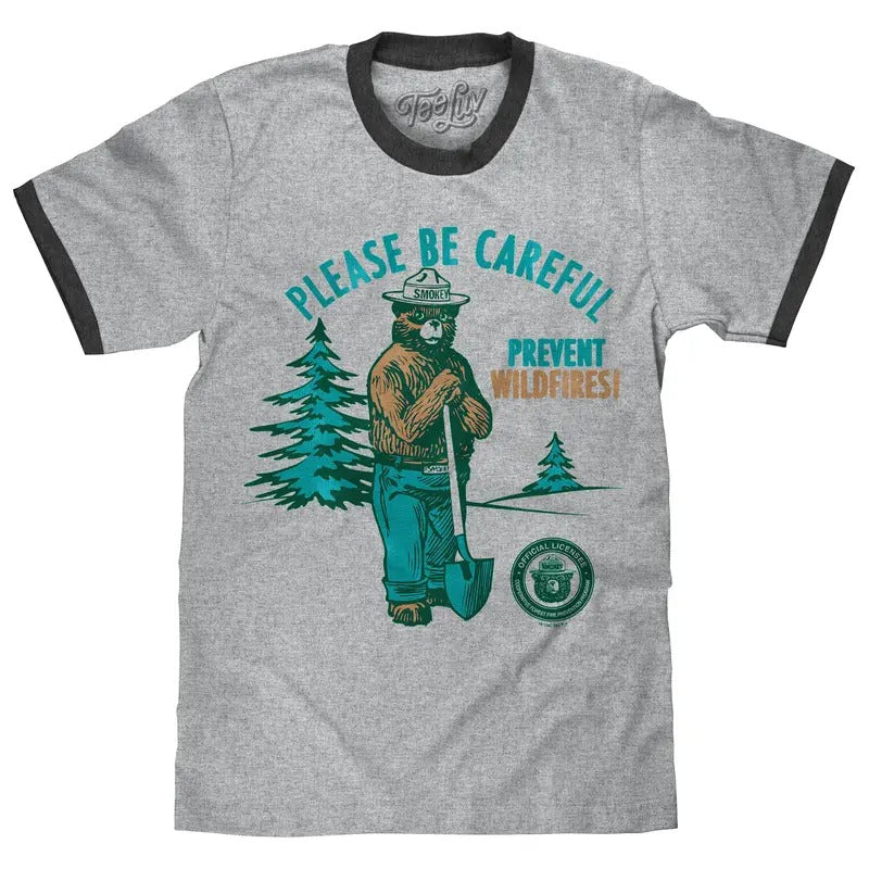 Smokey Bear Please Be Careful Prevent Wildfires Ringer Gray Black T-Shirts, Hoodie, Sweatshirt - T-Shirt, Sweatshirt, Hoodie