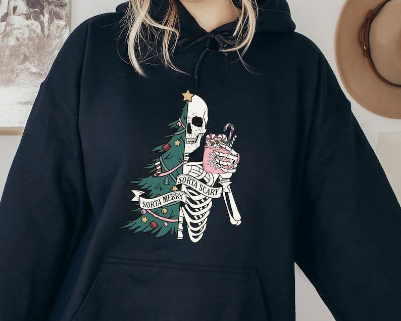 Sorta Merry Sorta Scary Funny Cute Spooky Season Custom Skeleton T-Shirts, Hoodie, Sweatshirt - T-Shirt, Sweatshirt, Hoodie