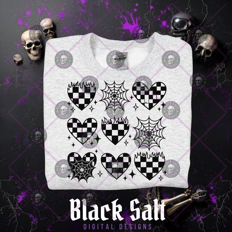 Spider Webs Checkered Hearts Halloween Grunge Alt Cotton Top Streetwear Vintage Crew Neck Comfortable Machine Washable Womenswear T-Shirts, Hoodie, Sweatshirt - T-Shirt, Sweatshirt, Hoodie