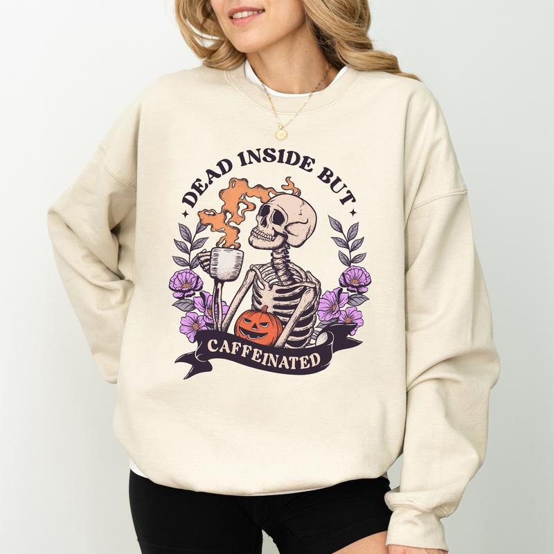 Spooky Drinking Coffee Inside But Caffeinated Halloween Coffee Lover Shirt Spooky Season Comfy Long Sleeve Gothic Tops Casual Womenswear T-Shirts, Hoodie, Sweatshirt - T-Shirt, Sweatshirt, Hoodie