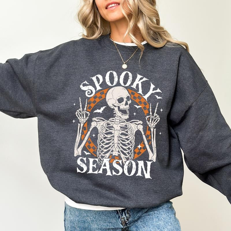 Spooky Season Skeleton Funny Skeleton Halloween Skeleton Halloween Party Tops Spooky Season Comfy Long Sleeve Casual Tops Womenswear Comfort Unhinged Fabric Cotton Top Gothic T-Shirts, Hoodie, Sweatshirt - T-Shirt, Sweatshirt, Hoodie