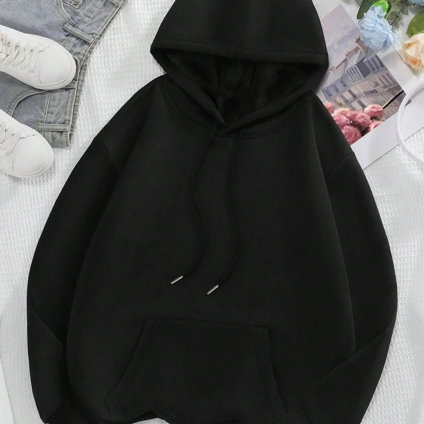 Plain Star Print Drop Shoulder Casual Drawstring Pocket Hooded Daily Outdoor Fall & Winter T-Shirts, Hoodie, Sweatshirt - T-Shirt, Sweatshirt, Hoodie