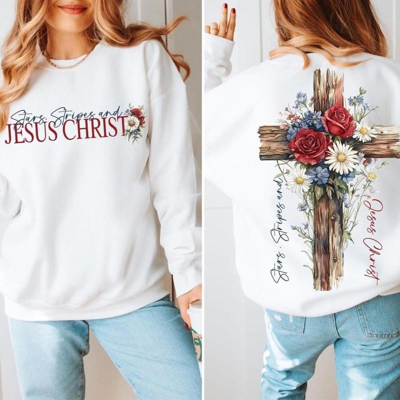 Stars Stripes Jesus Christ 2 Sided Shirt 4th July Christian Religious Faith Full Color Selection Full Size T-Shirts, Hoodie, Sweatshirt - T-Shirt, Sweatshirt, Hoodie