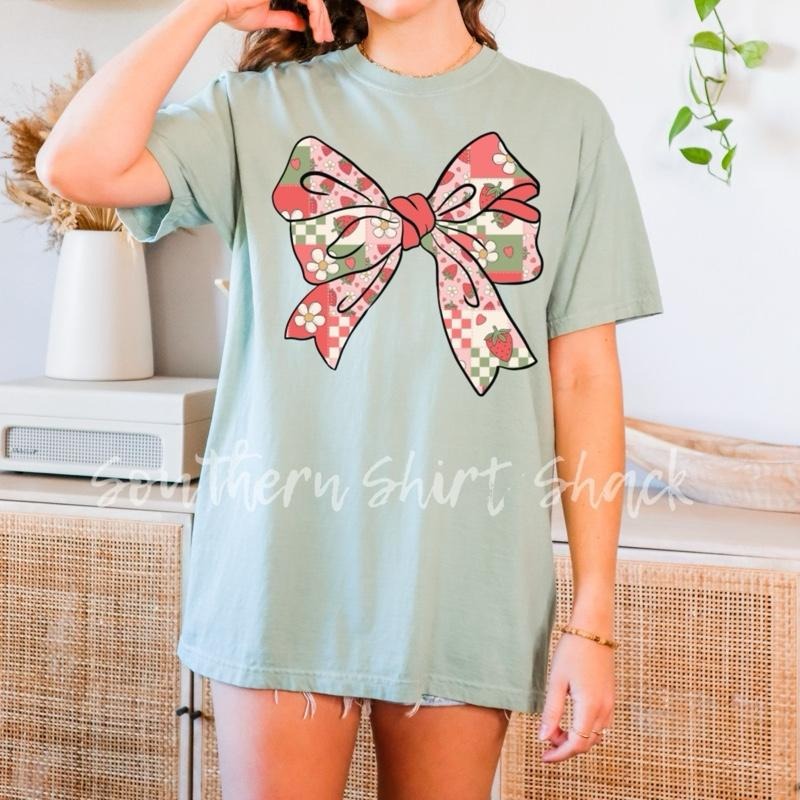 Strawberry Patchwork Bow Shirt Bay Comfort Colors Girly Bow T-Shirts, Hoodie, Sweatshirt - T-Shirt, Sweatshirt, Hoodie