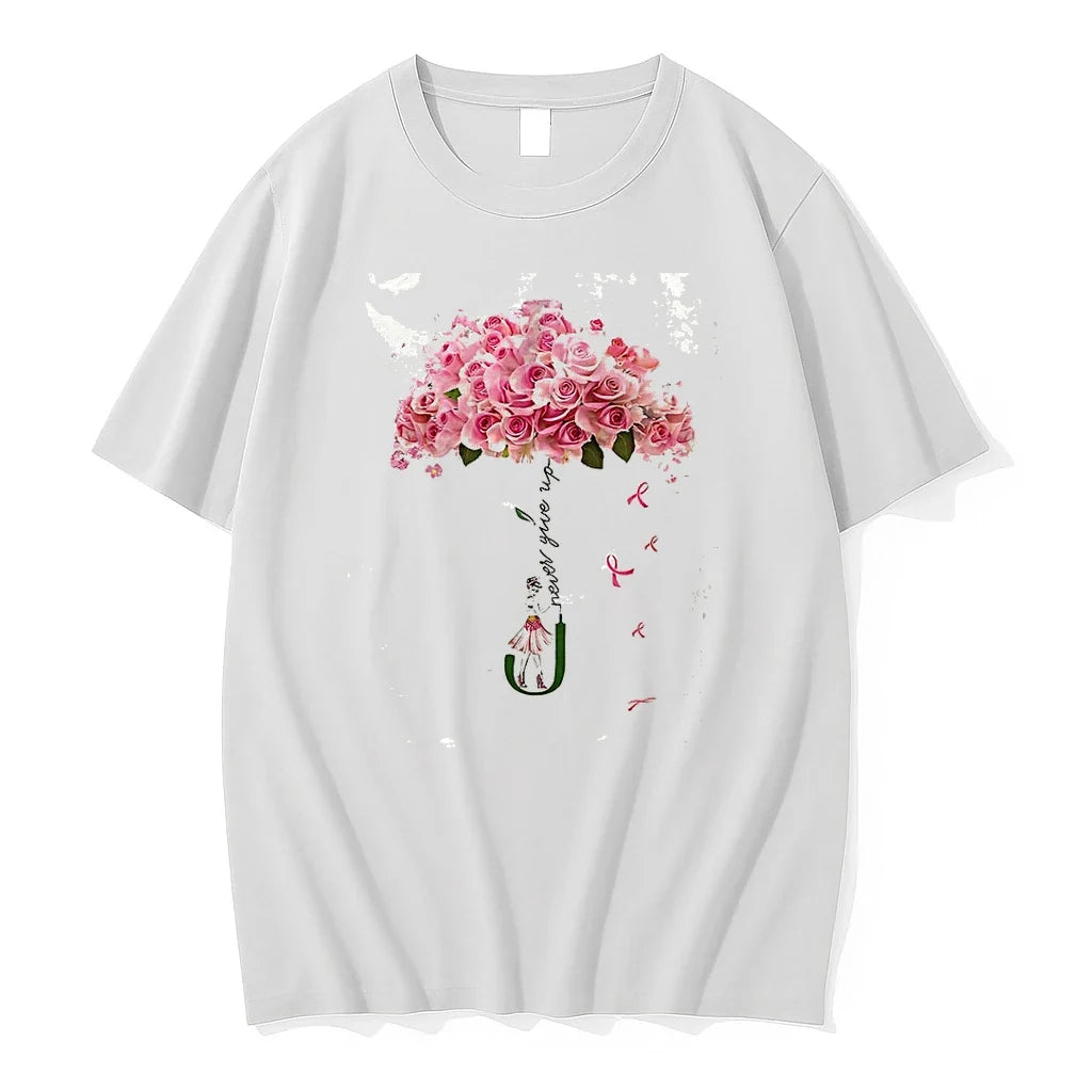 Strong Girl Flower Never Give Up Breast Cancer Tshirts Sweater Unisex T-shirt, Sweatshirt, Hoodie, Long Sleeve Tee - T-Shirt, Sweatshirt, Hoodie
