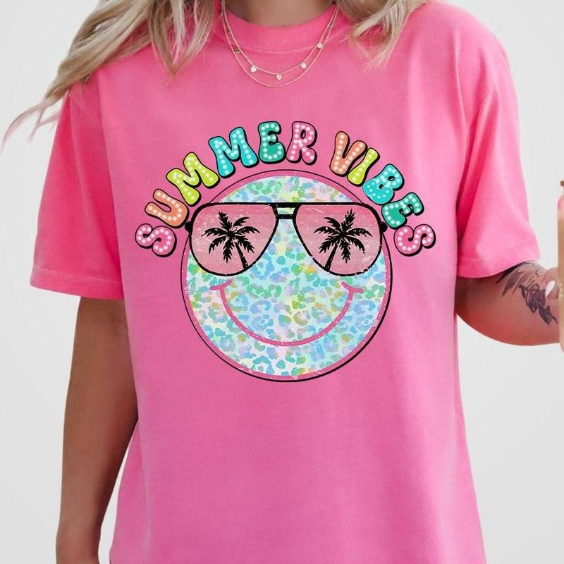 Summer Smiling Face Shirt Retro Summer Summer Outfits Summer Leopard Shirt Vingate Summer Funny Beach Shirt Beach Vacation Shirt Summer Tops T-Shirts, Hoodie, Sweatshirt - T-Shirt, Sweatshirt, Hoodie
