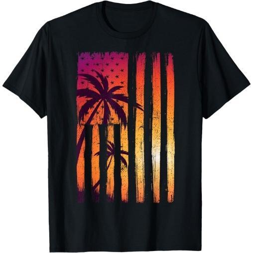 Summer Sunset Palm Trees American Flag Cool Spring Beach Made USA T-Shirts, Hoodie, Sweatshirt - T-Shirt, Sweatshirt, Hoodie