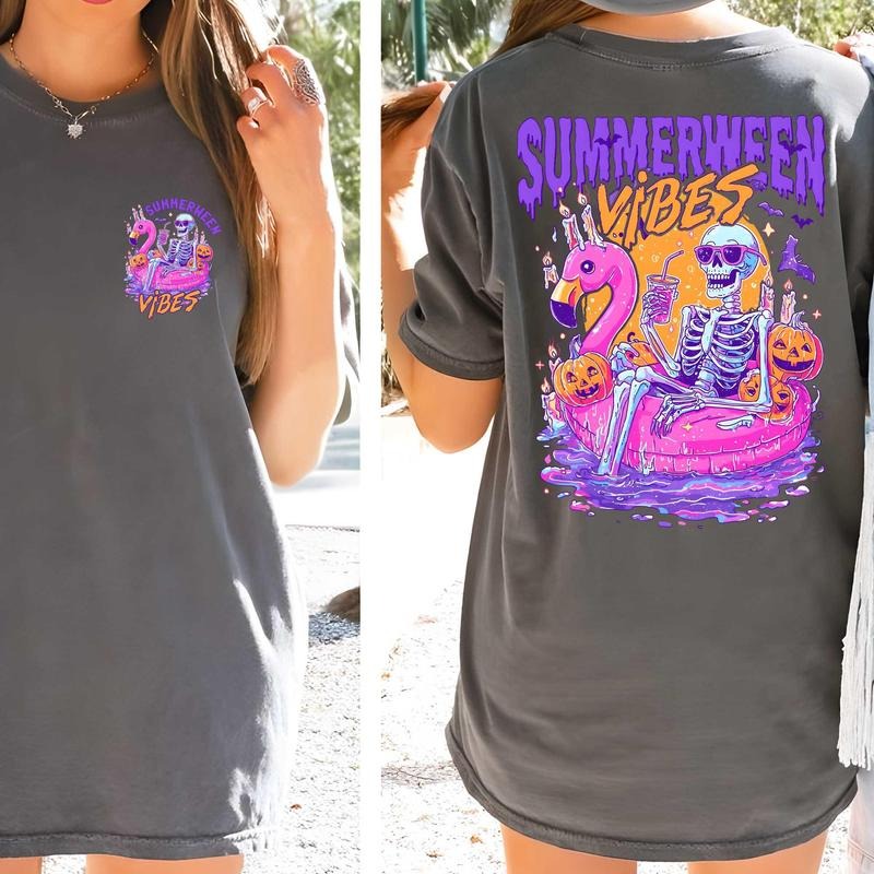 Summerween Shirt 2 Sides Funny Skeleton Float Halloween Summer Shirt Sublimation Spooky Flamingo Pool Ghost Pumpkins Creepy Shirt T-Shirts, Hoodie, Sweatshirt - T-Shirt, Sweatshirt, Hoodie