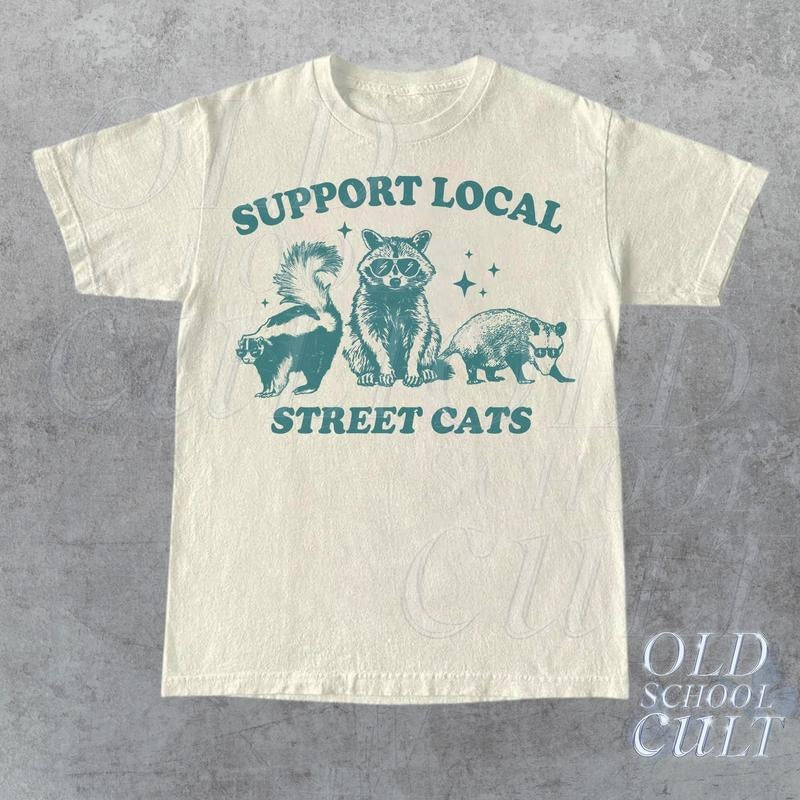 Support Your Local Street Cats Retro Vintage Raccoon Nostalgia Relaxed Cotton T-Shirts, Hoodie, Sweatshirt - T-Shirt, Sweatshirt, Hoodie