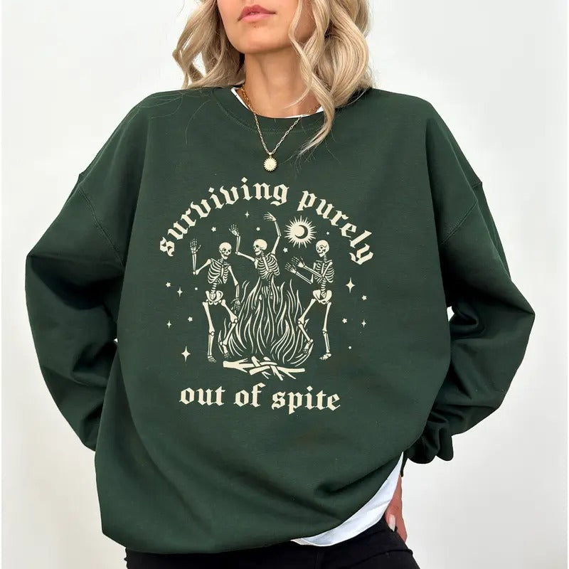 Surviving Purely Out Spite Skeleton Funny Dancing Skeleton Halloween Creepy Skeleton Spooky Season Goth Comfy Long Sleeve Tops Casual Womenswear Comfort Fabric Cotton Top T-Shirts, Hoodie, Sweatshirt - T-Shirt, Sweatshirt, Hoodie