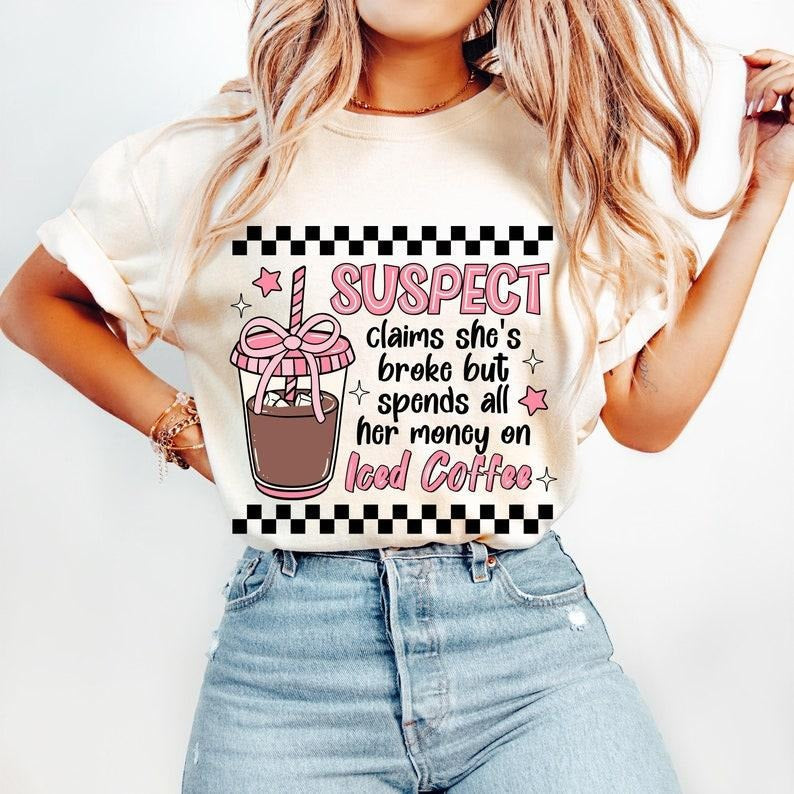Suspect Claims Iced Coffee Retro Checkered Sarcastic Pink Coquette T-Shirts, Hoodie, Sweatshirt - T-Shirt, Sweatshirt, Hoodie