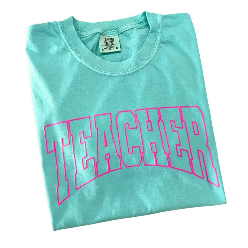 TEACHER Pink Puff Letter Comfort Colors T-Shirts, Hoodie, Sweatshirt - T-Shirt, Sweatshirt, Hoodie