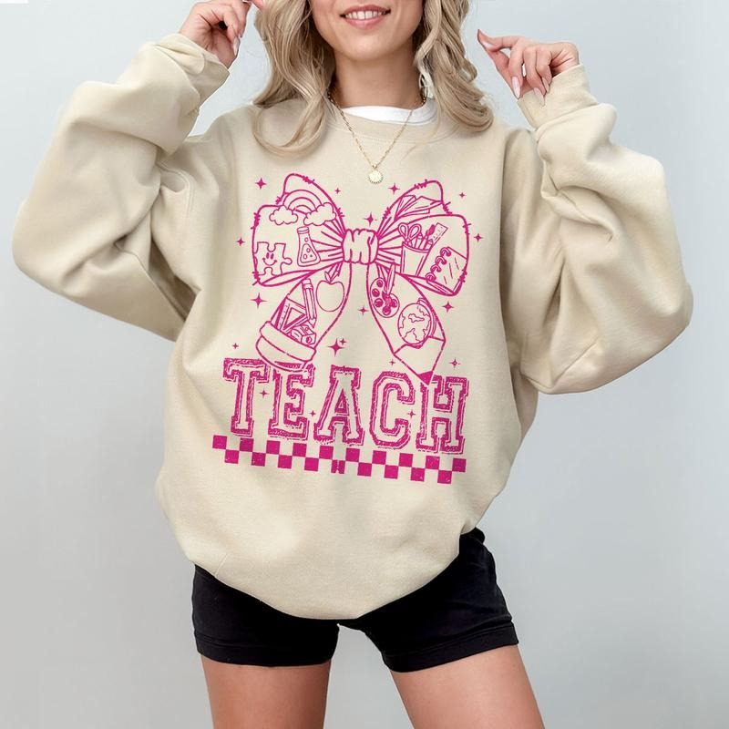 Teach Bow Shirt Teacher Appreciation Cute Education School Staff Pink Teacher T-Shirts, Hoodie, Sweatshirt - T-Shirt, Sweatshirt, Hoodie