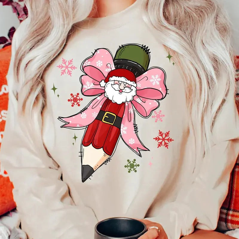Teacher Coquette Pencil Bow Bow Xmas Pencil Bow Retro Teacher Santa Xmas Shirt Pencil Bow T-Shirts, Hoodie, Sweatshirt - T-Shirt, Sweatshirt, Hoodie