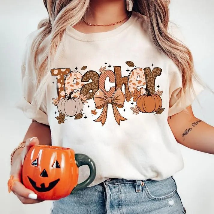 Teacher Fall Coquette Shirt Teacher Autumn Doodle Teach Love Inspire Shirt Cotton T-Shirts, Hoodie, Sweatshirt - T-Shirt, Sweatshirt, Hoodie