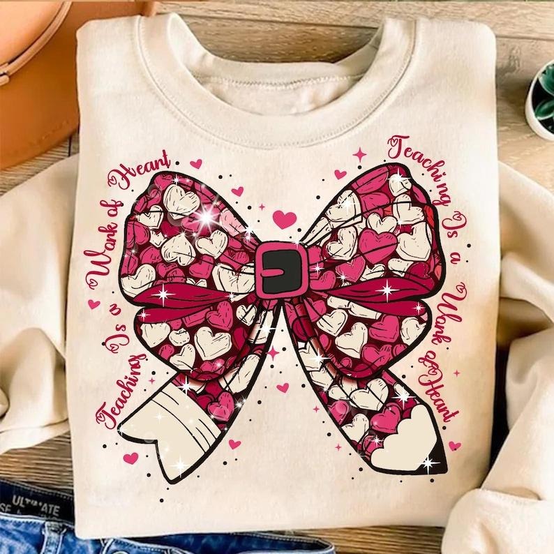 Teacher Valentine Coquette Bow Pencil Valentine Teacher Heart Pencil Teacher Retro Teacher T-Shirts, Hoodie, Sweatshirt - T-Shirt, Sweatshirt, Hoodie