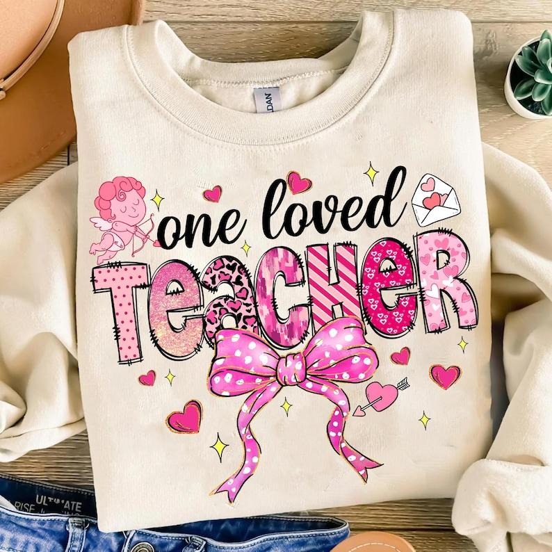 Teacher Valentine Teacher Teacher Coquette Bow Retro Teacher Teacher Valentine T-Shirts, Hoodie, Sweatshirt - T-Shirt, Sweatshirt, Hoodie