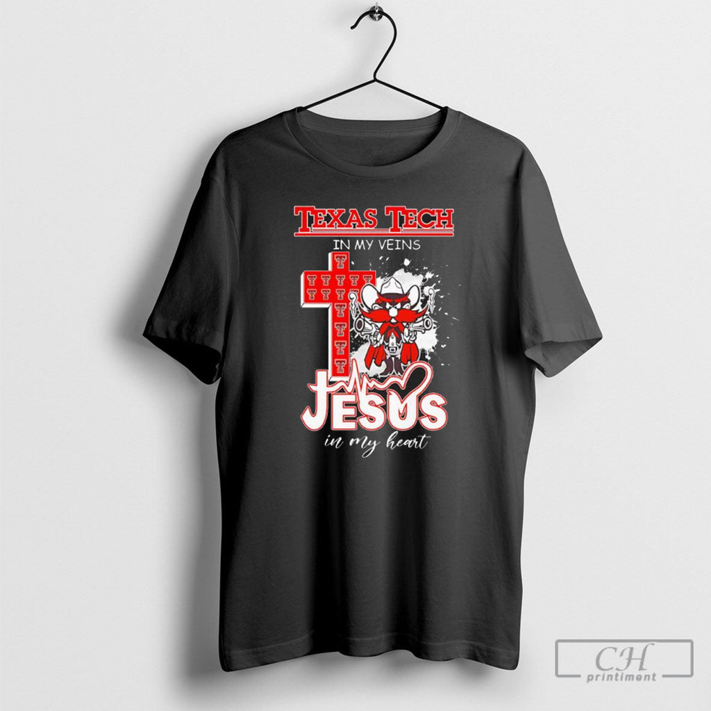 Texas Tech Red Raiders In My Veins And Jesus In My Heart Christian Football Lover Unisex T-shirt, Sweatshirt, Hoodie, Long Sleeve Tee - T-Shirt, Sweatshirt, Hoodie