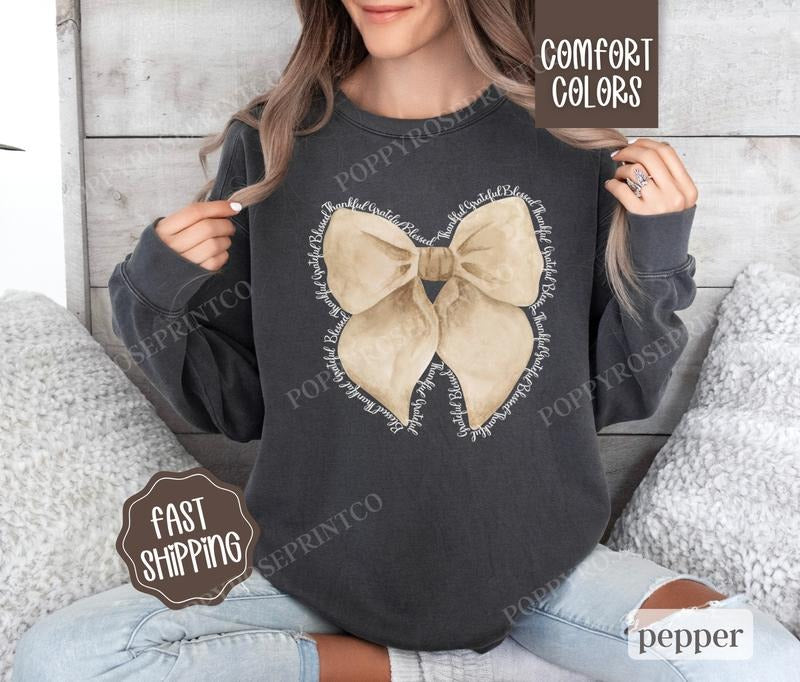 Thankful Bow Comfort Colors Thanksgiving Womenswear T-Shirts, Hoodie, Sweatshirt - T-Shirt, Sweatshirt, Hoodie