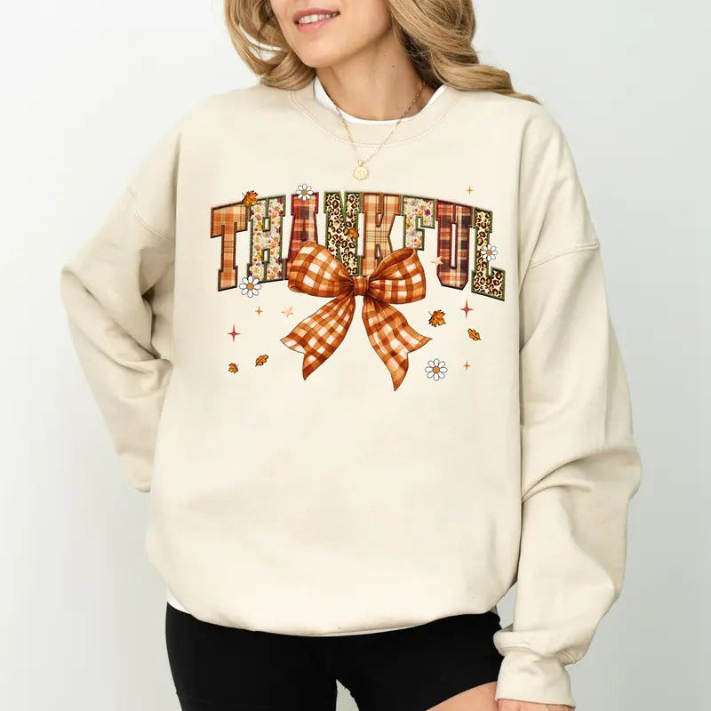 Thankful Coquette Bow Vintage Checkered Bow Fall Thanksgiving Cotton Long Sleeve T-Shirts, Hoodie, Sweatshirt - T-Shirt, Sweatshirt, Hoodie