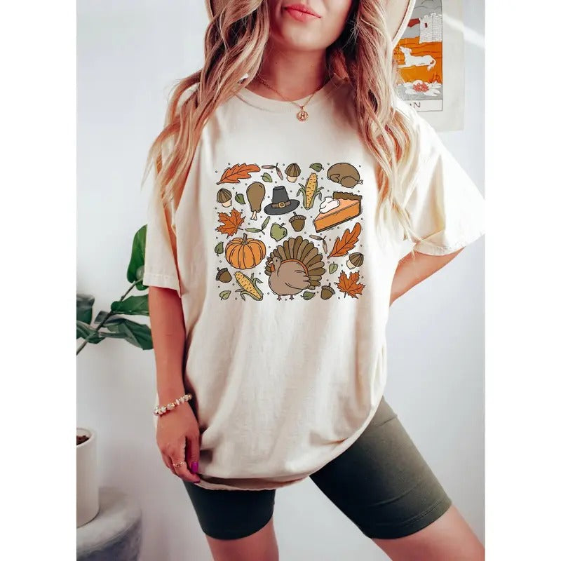 Thanksgiving Doodles Pumpkin Leaves Happy Turkey Day Thanksgiving Peace Sign TurkeyShirt Funny Fall Cotton Womenswear Light Polyester Solid T-Shirts, Hoodie, Sweatshirt - T-Shirt, Sweatshirt, Hoodie