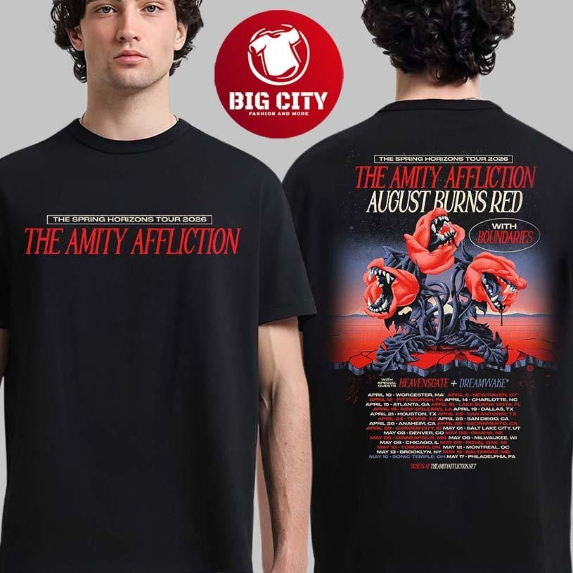 The Amity Affliction The Spring Horizons Tour 2026 Schedule Dates Two Sided Shirt Unisex T-shirt, Sweatshirt, Hoodie, Long Sleeve Tee - T-Shirt, Sweatshirt, Hoodie